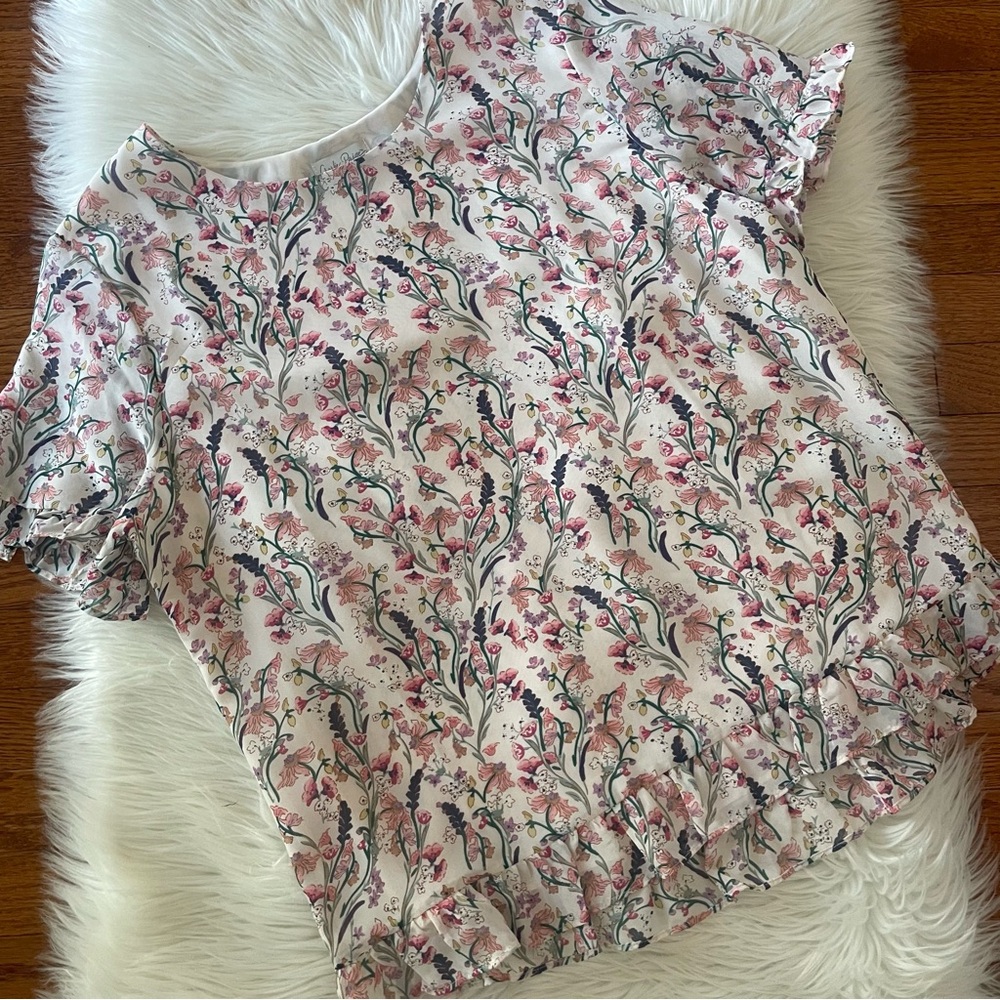 Charlie Paige Floral Lined Short Sleeve Ruffle Blouse Size Large Spring Office - Picture 2 of 6